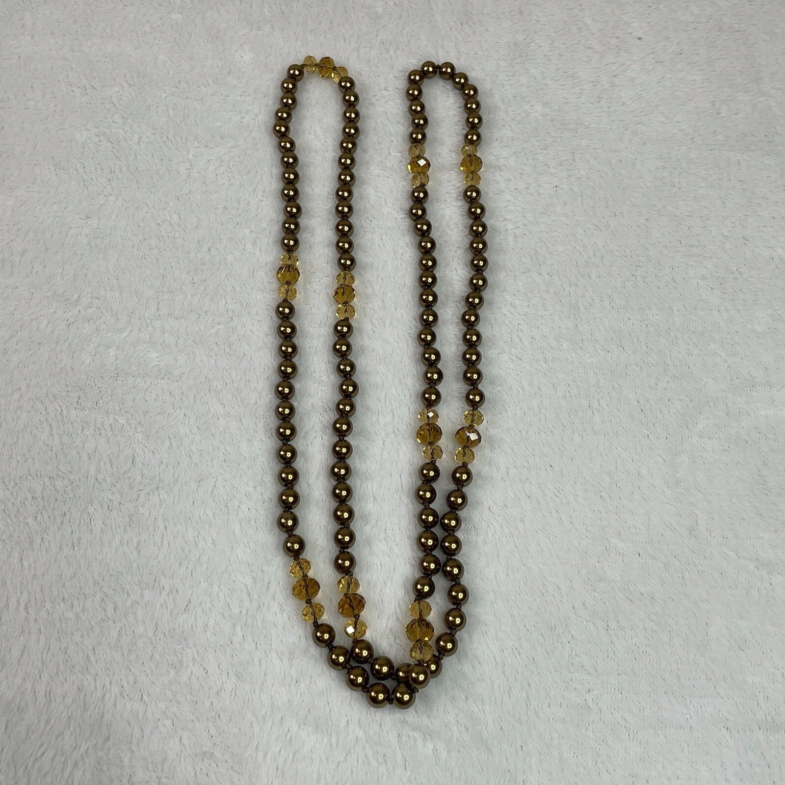 Women’s Fashion Jewelry Gold Tone & Amber Beaded Long Necklace w/Earrings