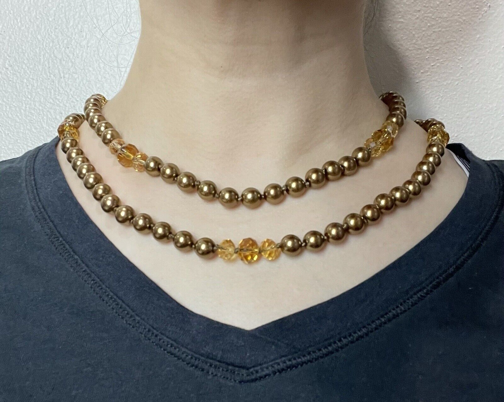 Women’s Fashion Jewelry Gold Tone & Amber Beaded Long Necklace w/Earrings