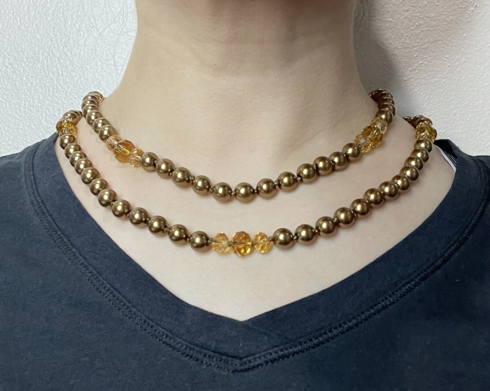 Women’s Fashion Jewelry Gold Tone & Amber Beaded Long Necklace w/Earrings