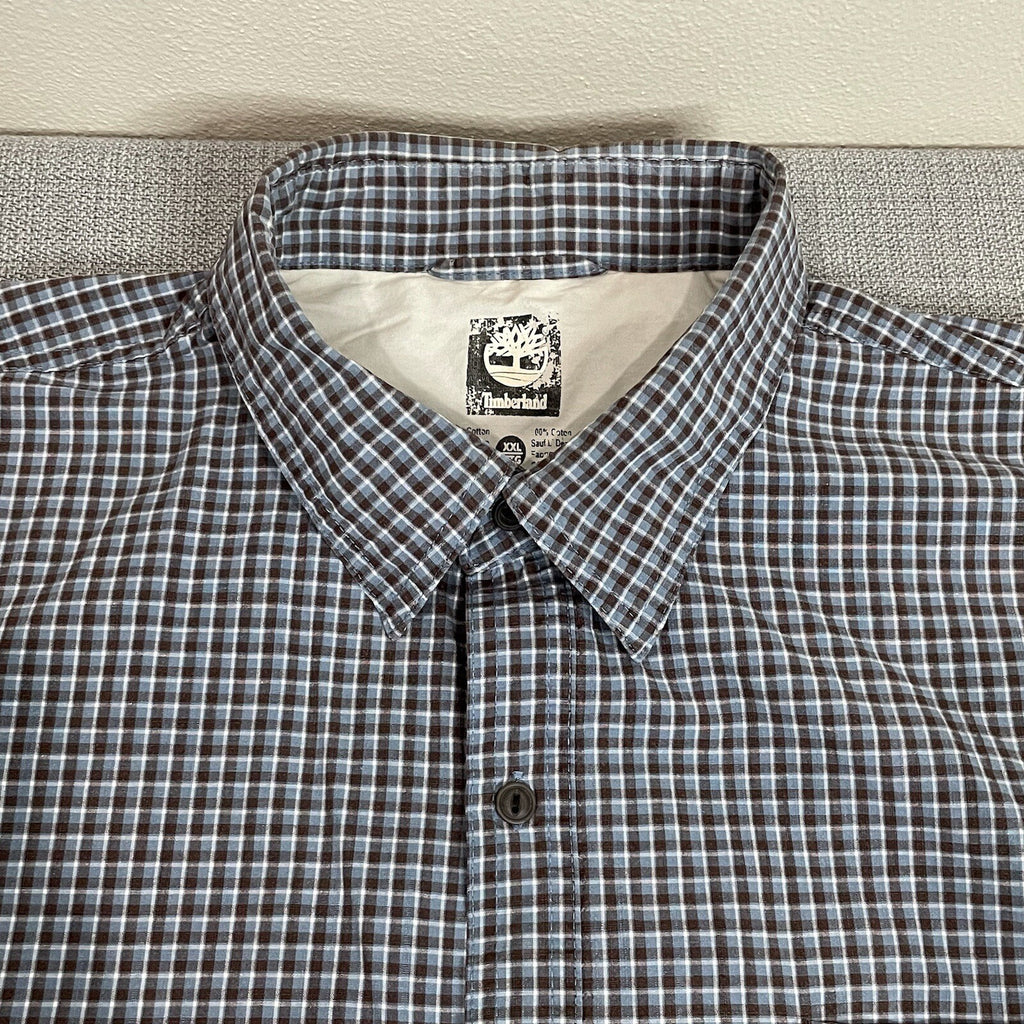 Timberland Men's XXL (2XL) Brown Blue Plaid Long Sleeve Button Up Dress Shirt