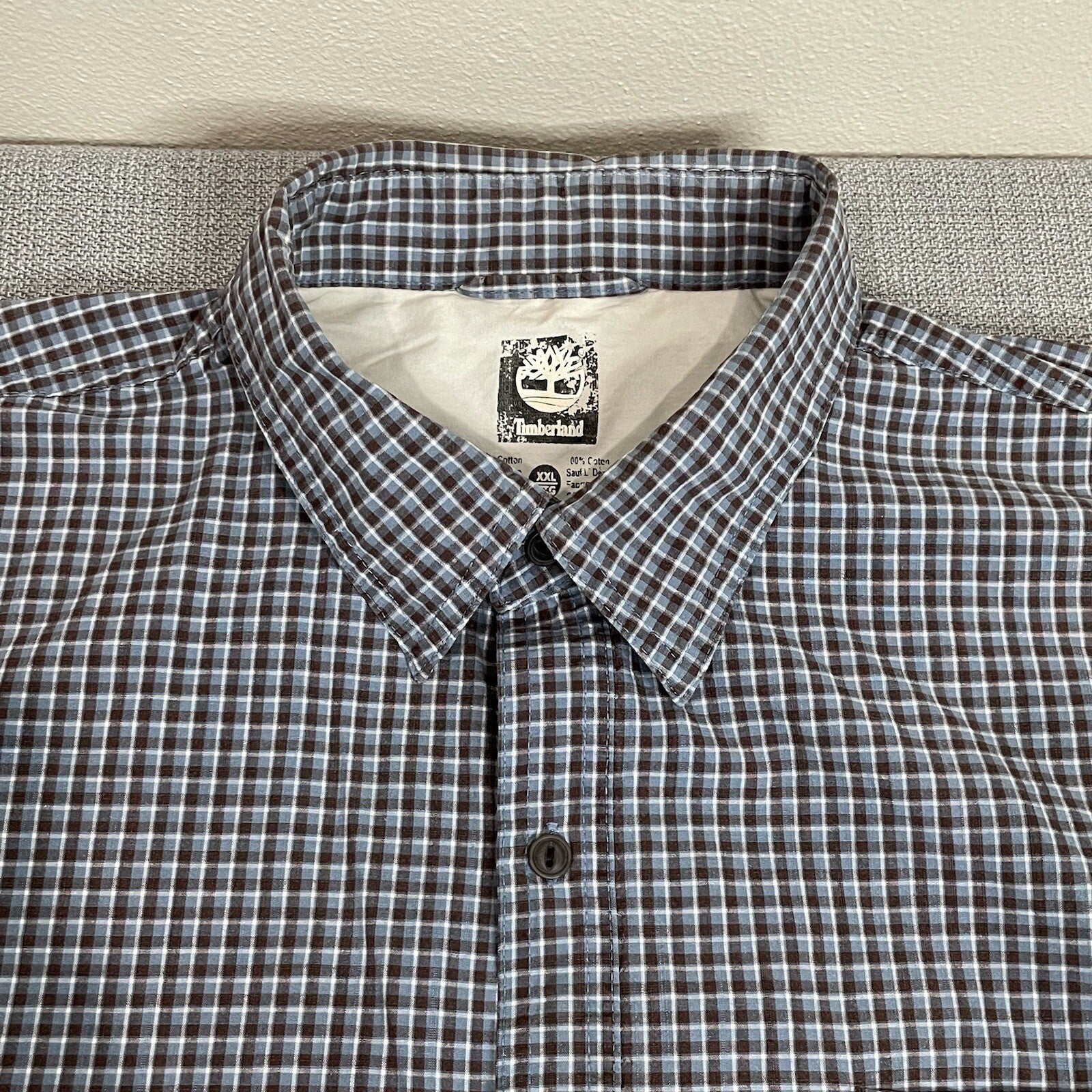 Timberland Men's XXL (2XL) Brown Blue Plaid Long Sleeve Button Up Dress Shirt