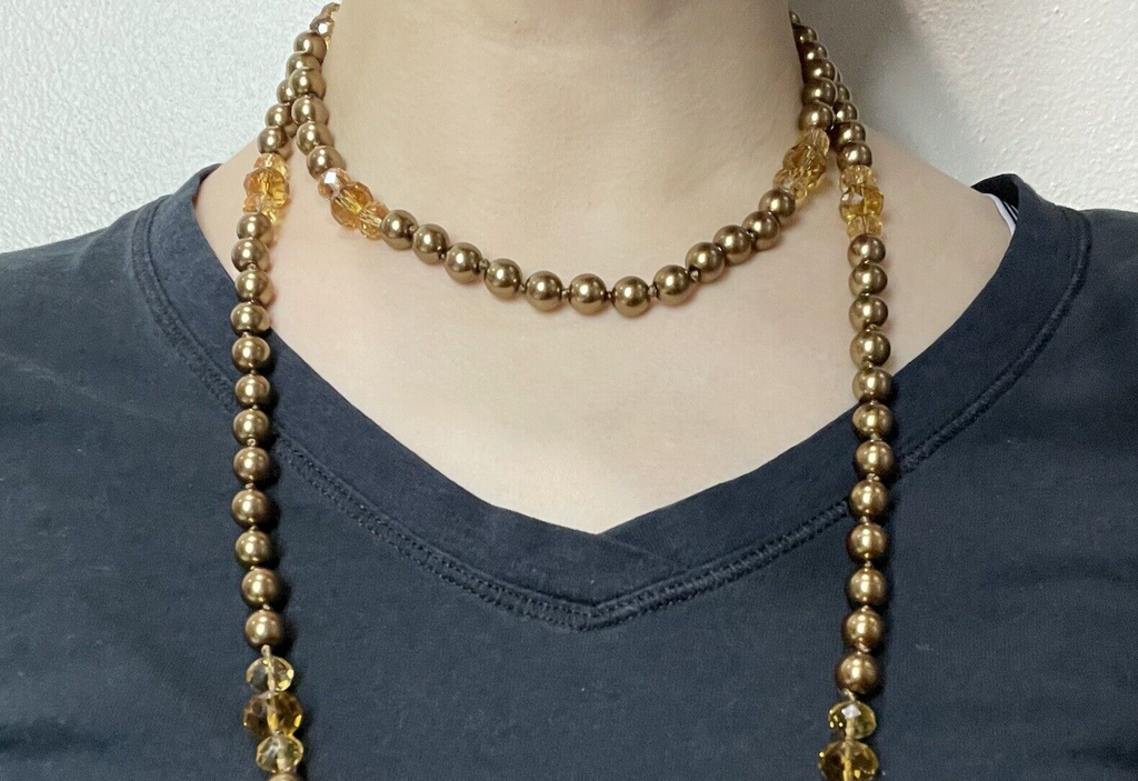 Women’s Fashion Jewelry Gold Tone & Amber Beaded Long Necklace w/Earrings