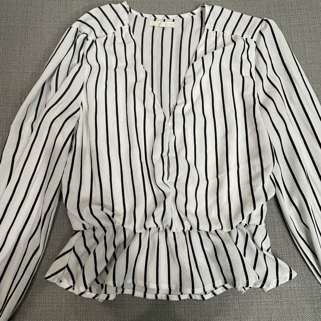 Le Lis Women's Size Small White Black Striped Long Sleeve Blouse