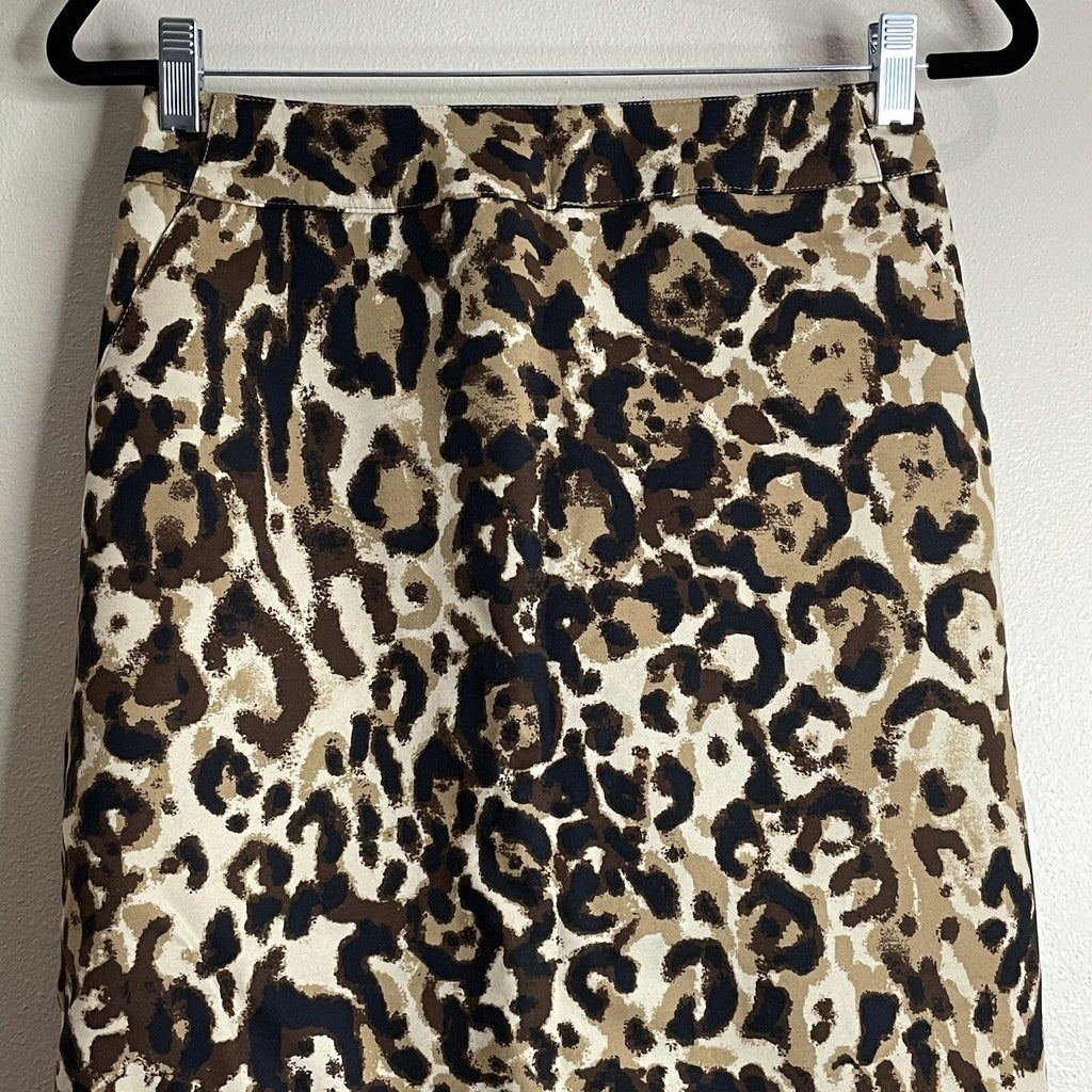 Merona Women Size 2 Brown Animal Print Stretch Knee Length Leopard Pencil Skirt