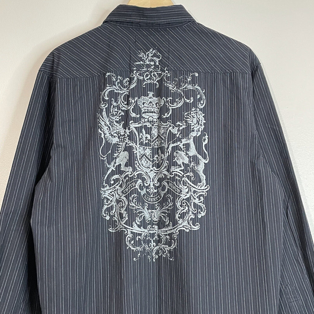 Level Ten Men XXL Black Striped Long Sleeve Button Up Shirt with Back Design 2XL