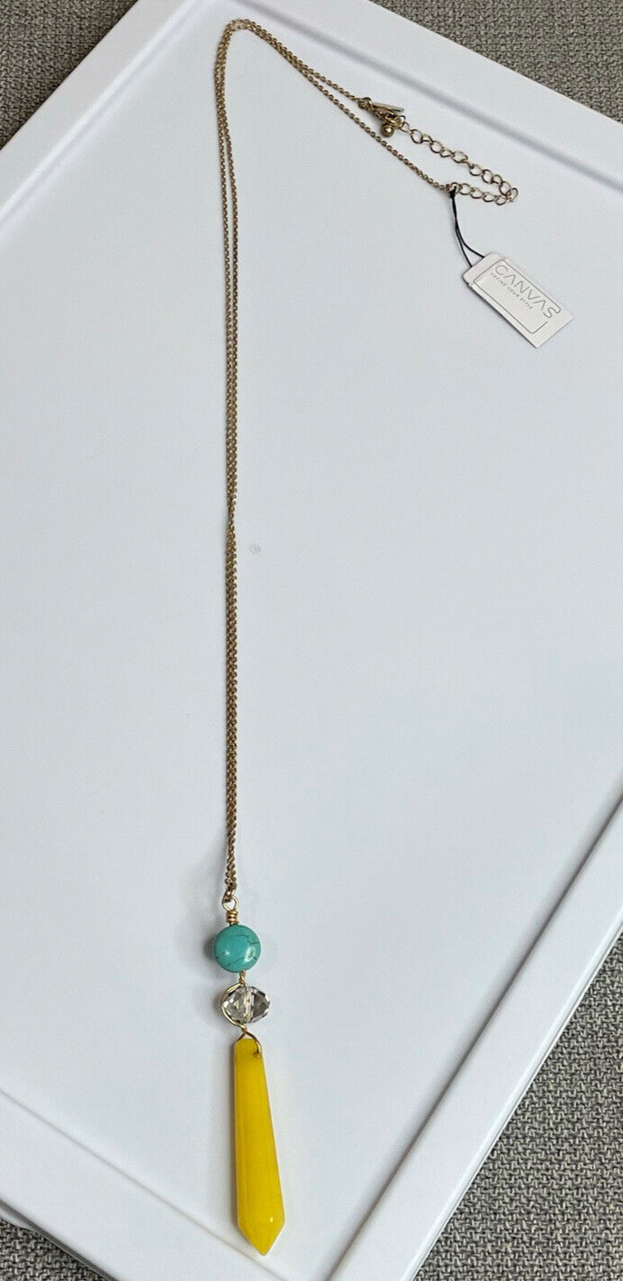 Canvas Women's Fashion Jewelry Long Necklace Yellow & Blue Stone with Gold Chain