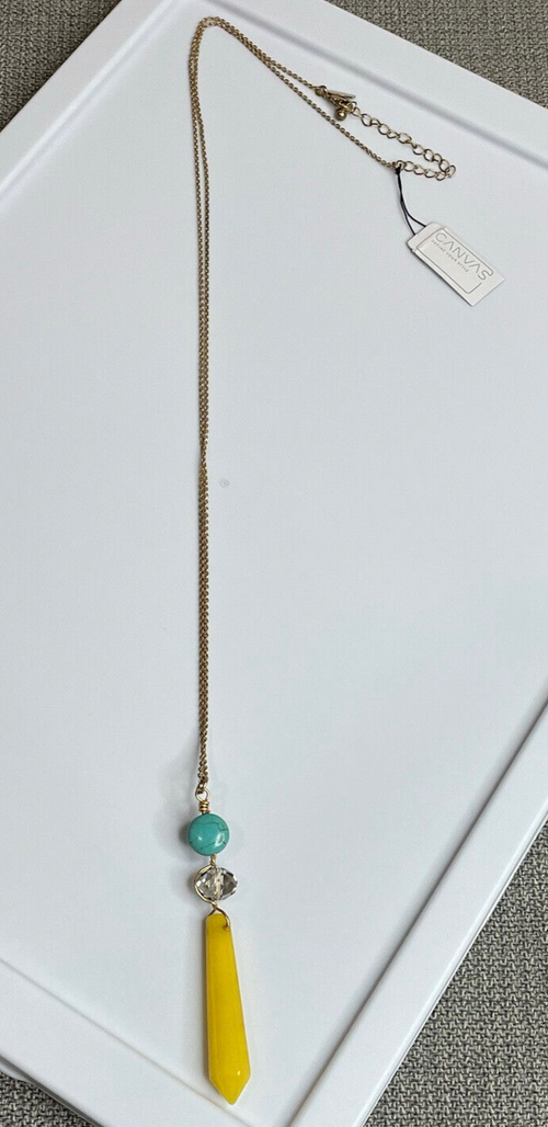Canvas Women's Fashion Jewelry Long Necklace Yellow & Blue Stone with Gold Chain