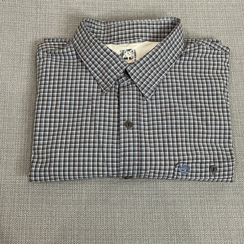 Timberland Men's XXL (2XL) Brown Blue Plaid Long Sleeve Button Up Dress Shirt