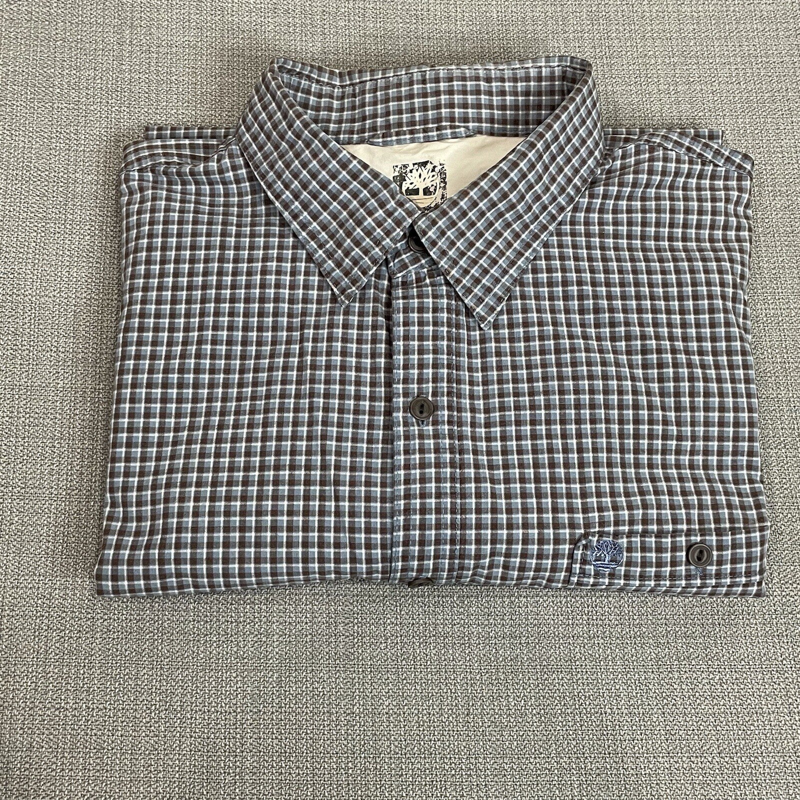 Timberland Men's XXL (2XL) Brown Blue Plaid Long Sleeve Button Up Dress Shirt