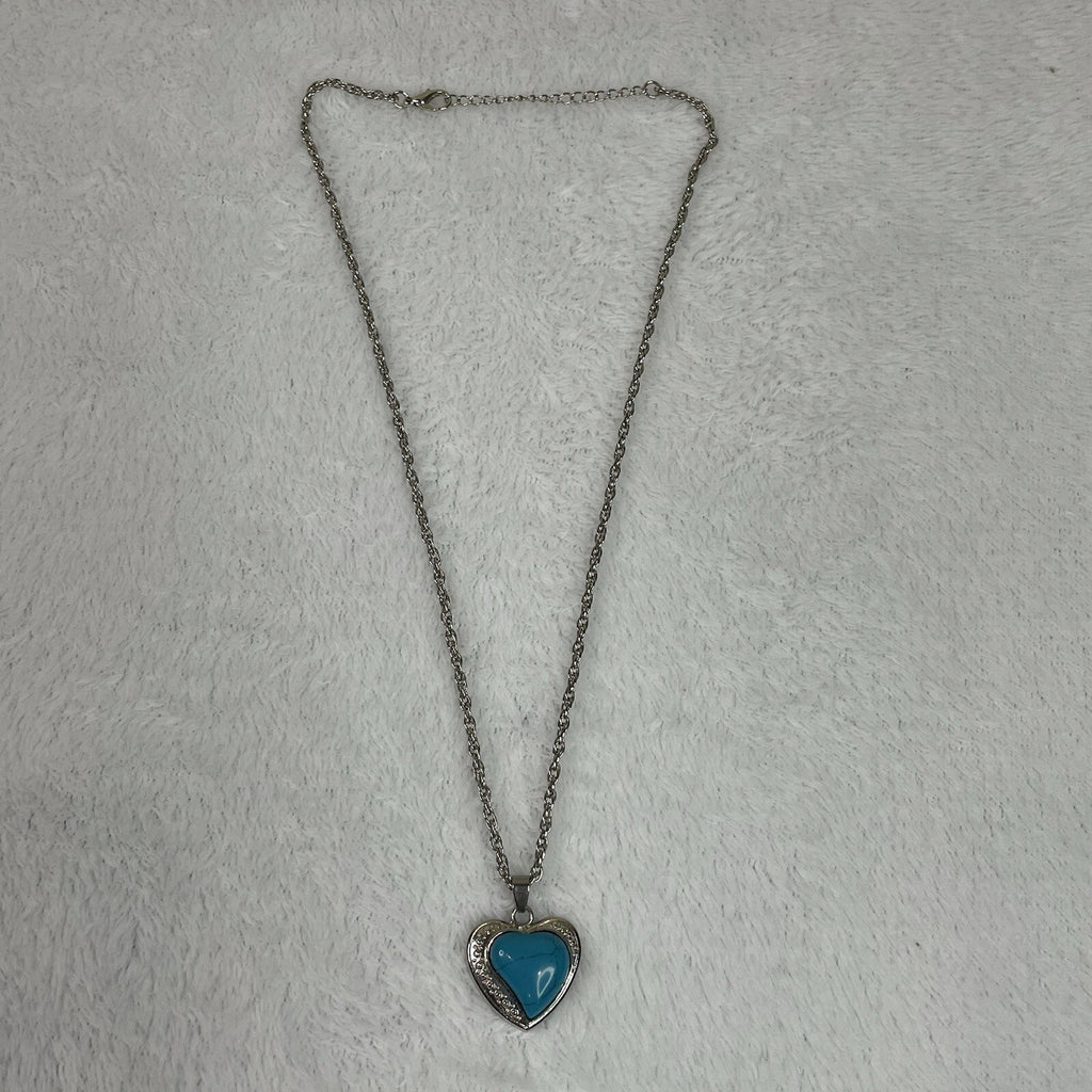 Women’s Fashion Jewely Turquoise Simulated Genstone & Silvertone Heart Necklace