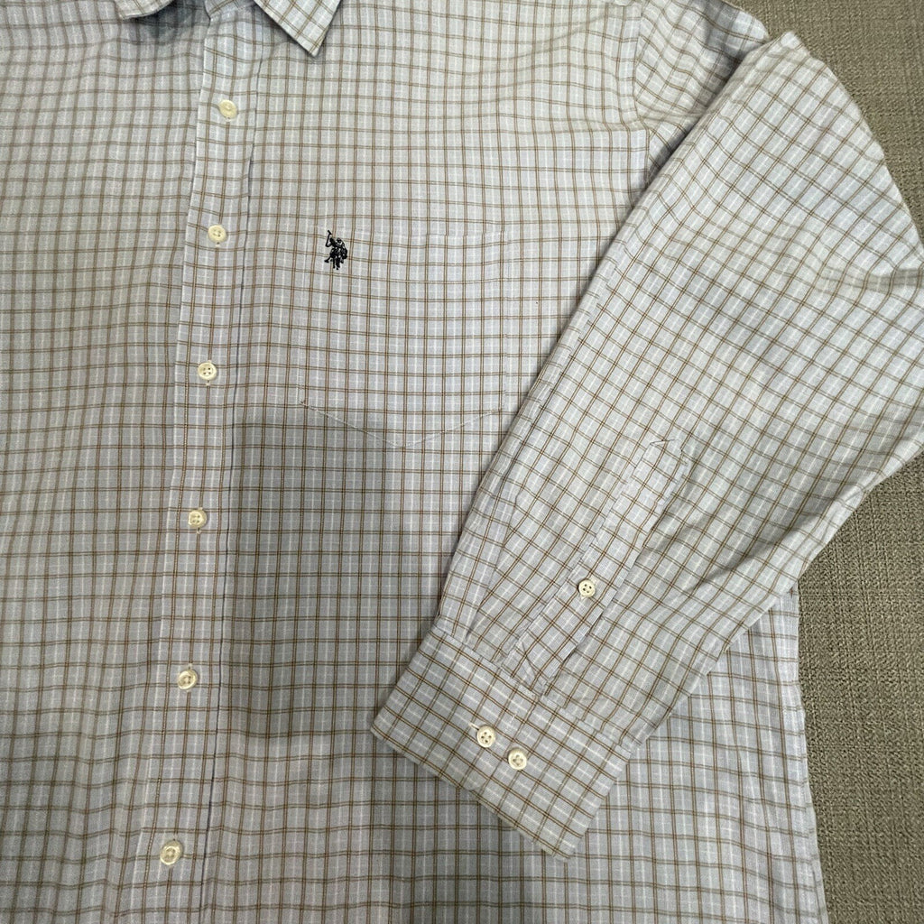 U.S. Polo Assn. Men's XL Light Blue Tan Plaid Long Sleeve Button Up Dress Shirt