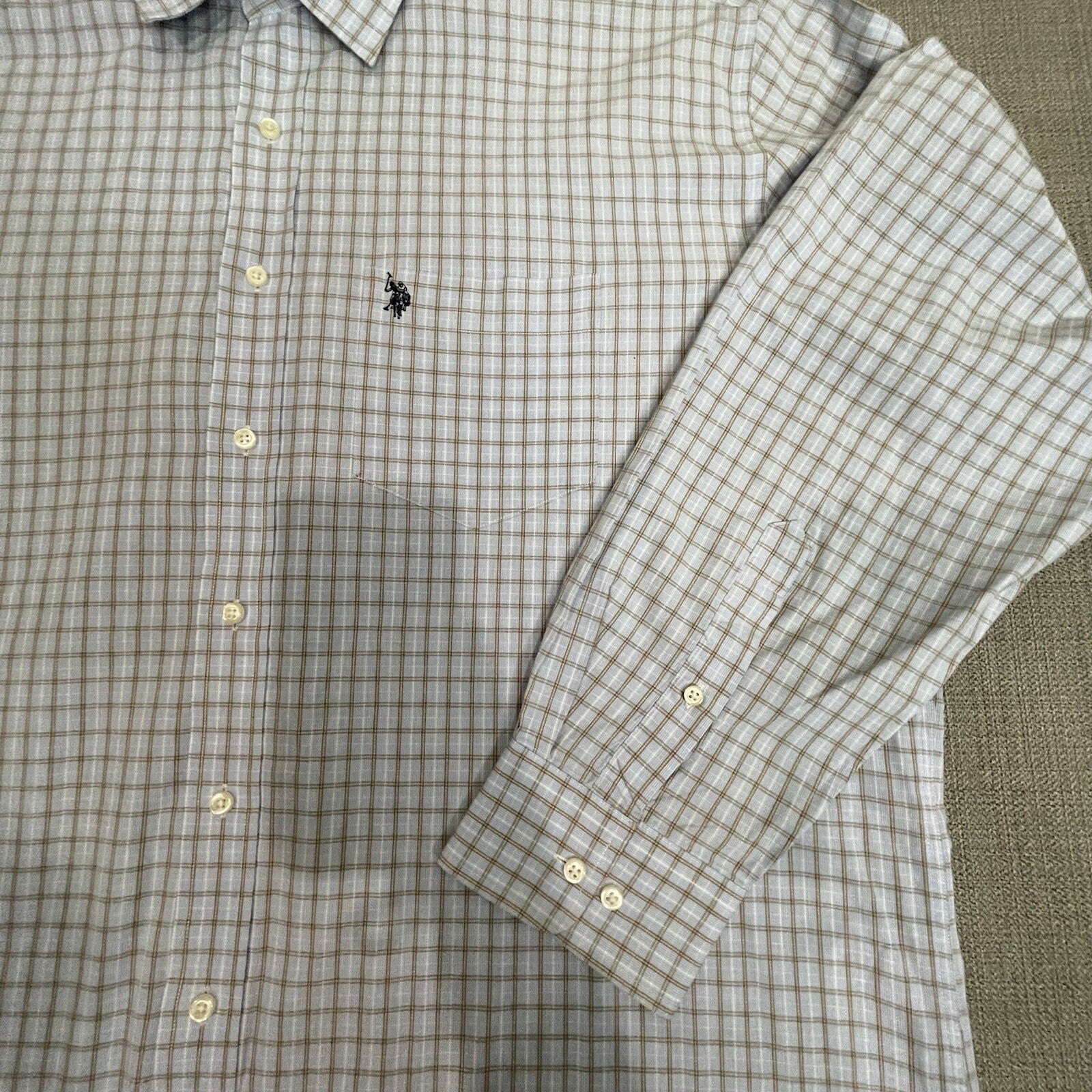 U.S. Polo Assn. Men's XL Light Blue Tan Plaid Long Sleeve Button Up Dress Shirt
