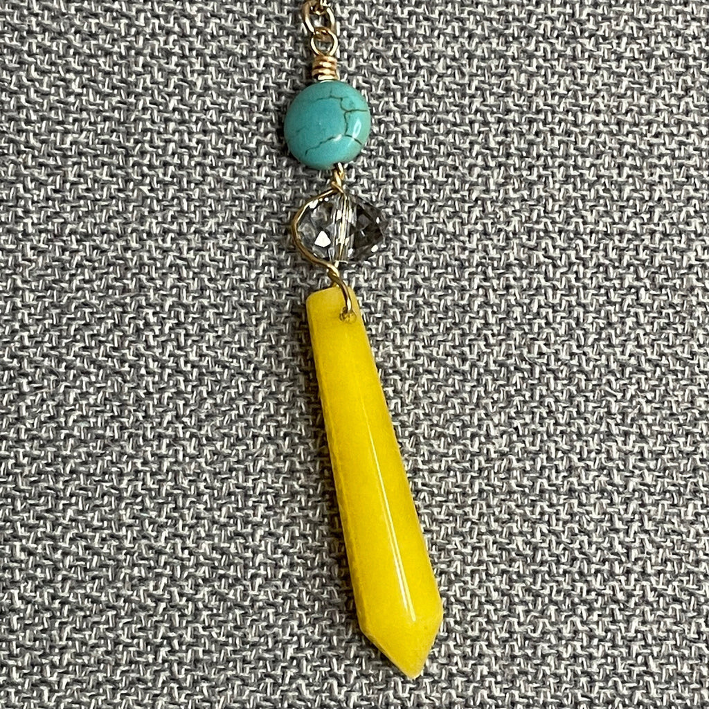 Canvas Women's Fashion Jewelry Long Necklace Yellow & Blue Stone with Gold Chain