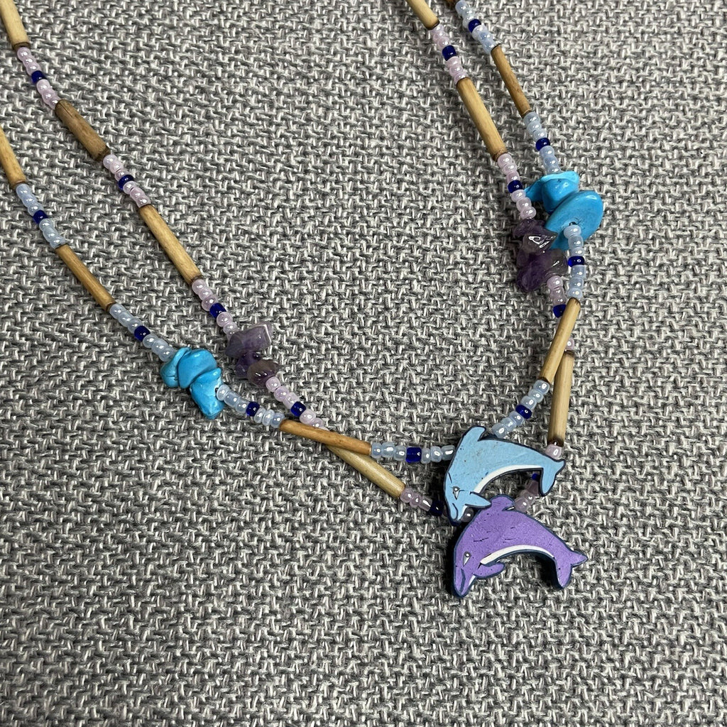 Women's (Girl's) Fashion Jewelry Blue & Purple Dolphin Charm Bead Necklace