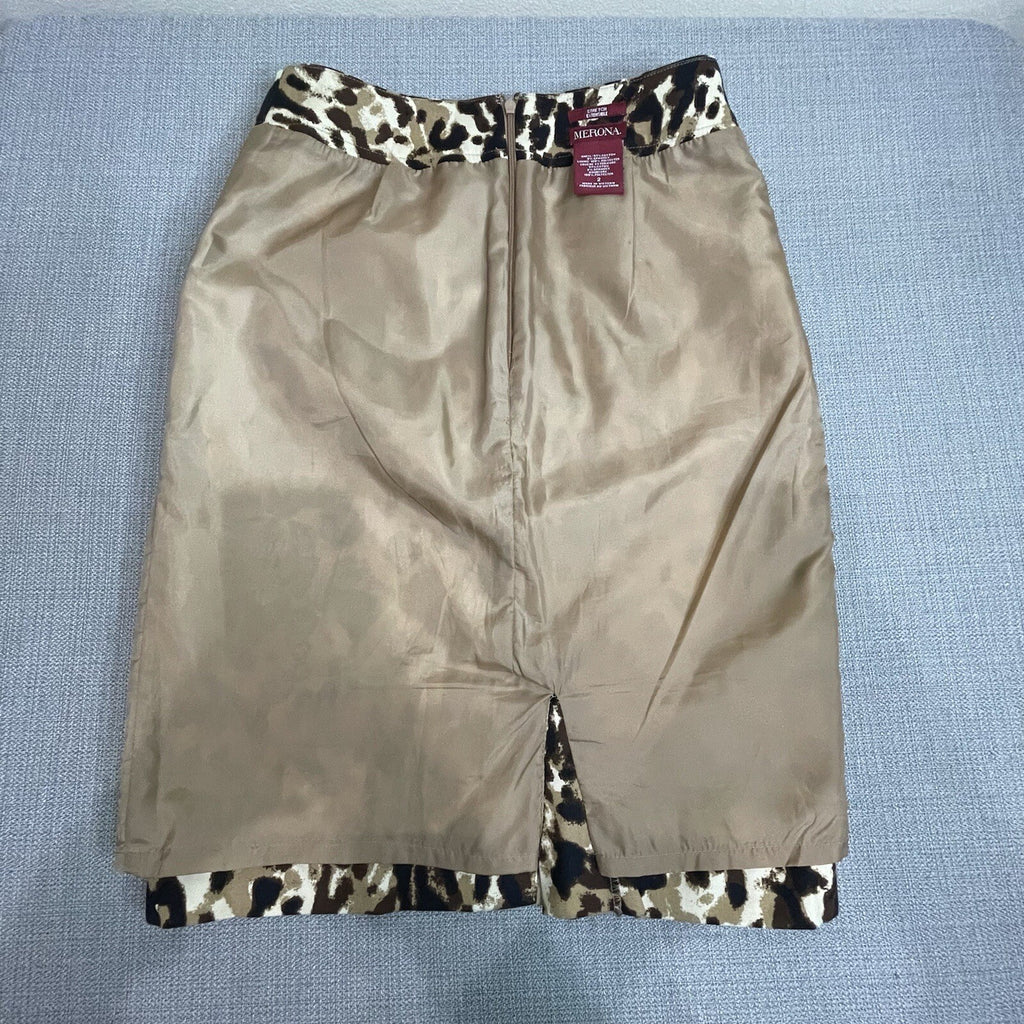 Merona Women Size 2 Brown Animal Print Stretch Knee Length Leopard Pencil Skirt
