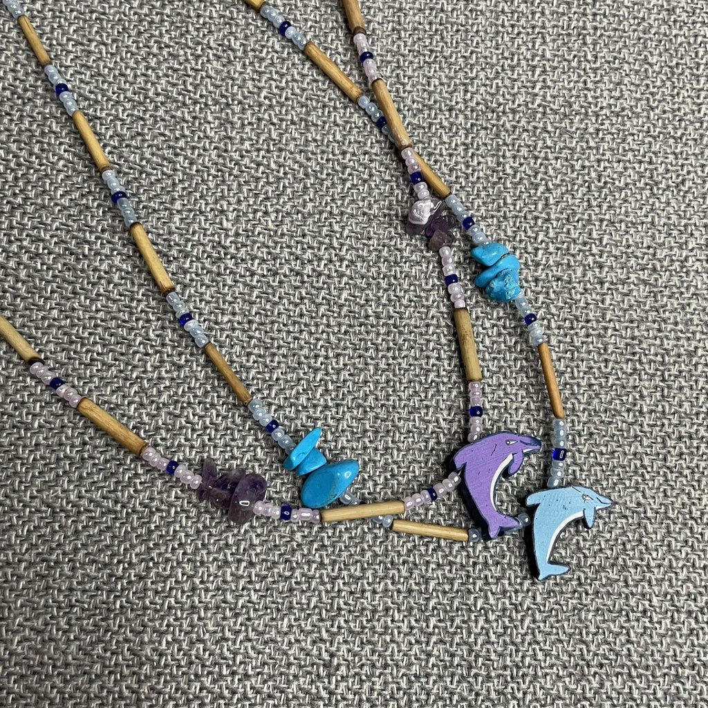 Women's (Girl's) Fashion Jewelry Blue & Purple Dolphin Charm Bead Necklace