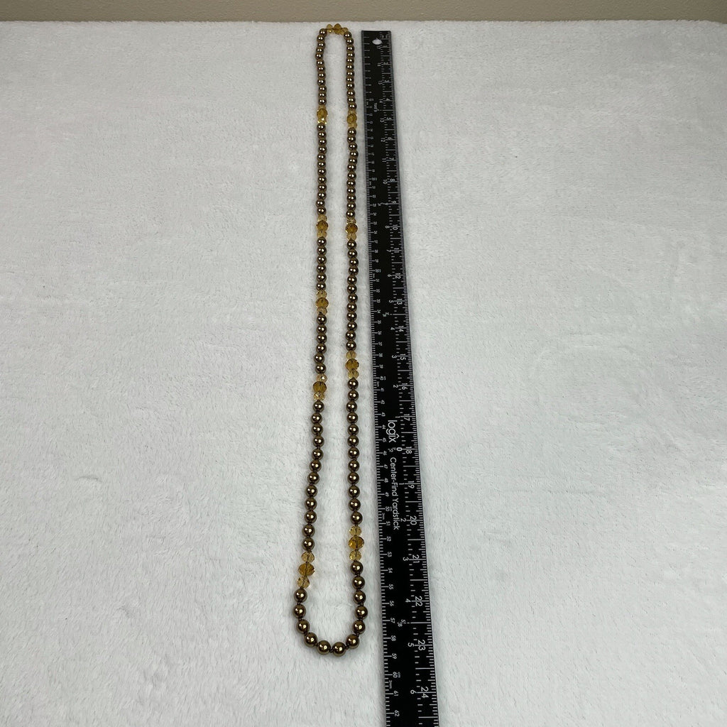 Women’s Fashion Jewelry Gold Tone & Amber Beaded Long Necklace w/Earrings