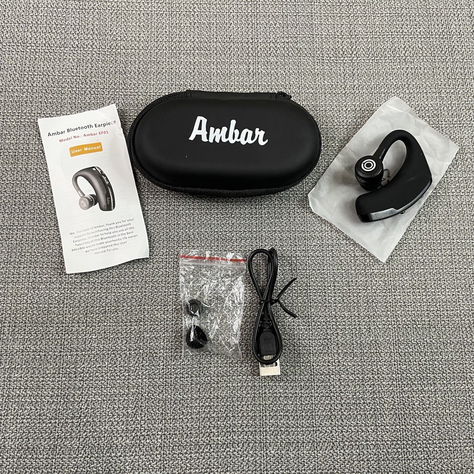 Ambar Black Bluetooth Earpiece with Case (Model: EF01)