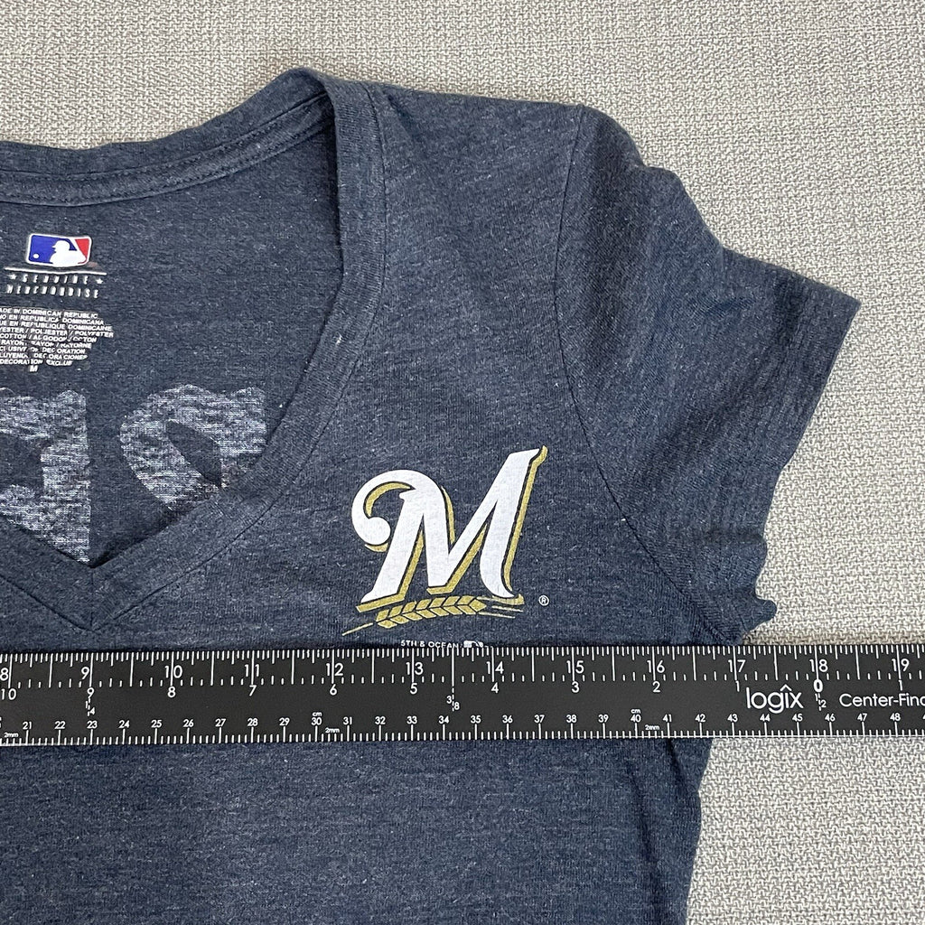 MLB Women's Size (Small) Medium Milwaukee Brewers Blue Logo Wording T-Shirt