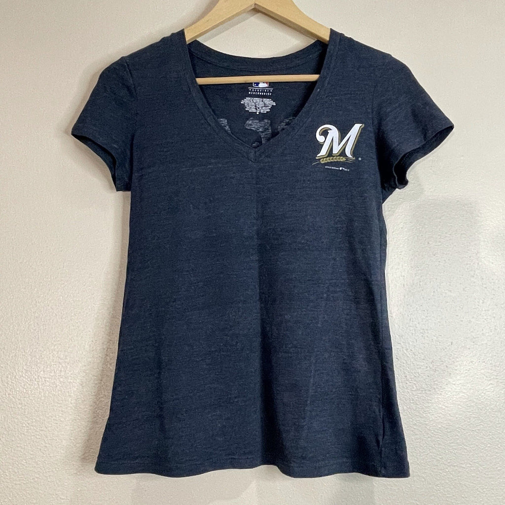 MLB Women's Size (Small) Medium Milwaukee Brewers Blue Logo Wording T-Shirt