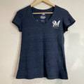 MLB Women's Size (Small) Medium Milwaukee Brewers Blue Logo Wording T-Shirt