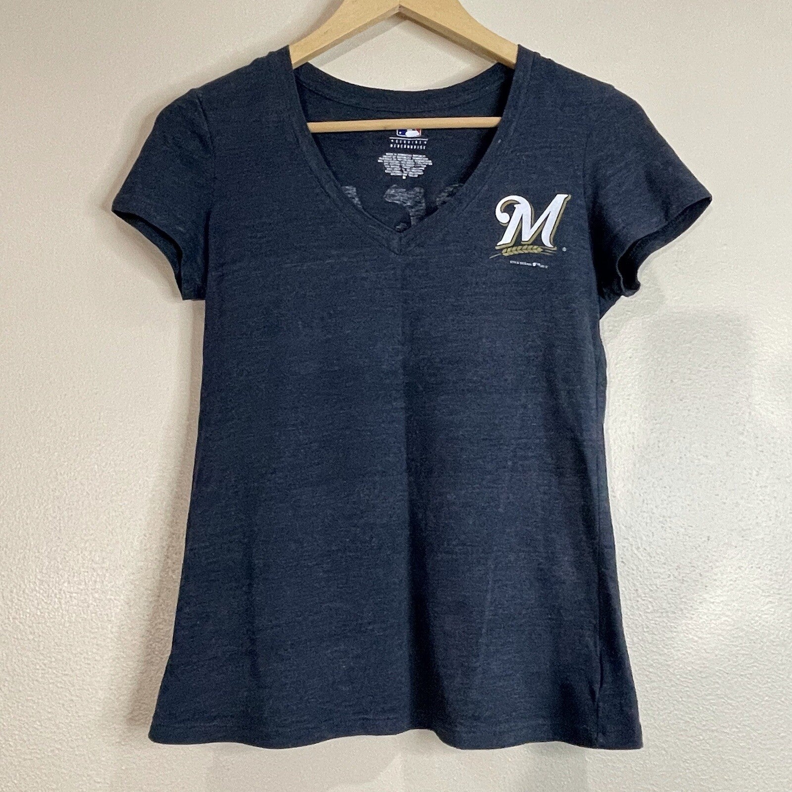 MLB Women's Size (Small) Medium Milwaukee Brewers Blue Logo Wording T-Shirt