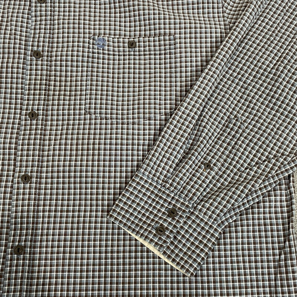 Timberland Men's XXL (2XL) Brown Blue Plaid Long Sleeve Button Up Dress Shirt
