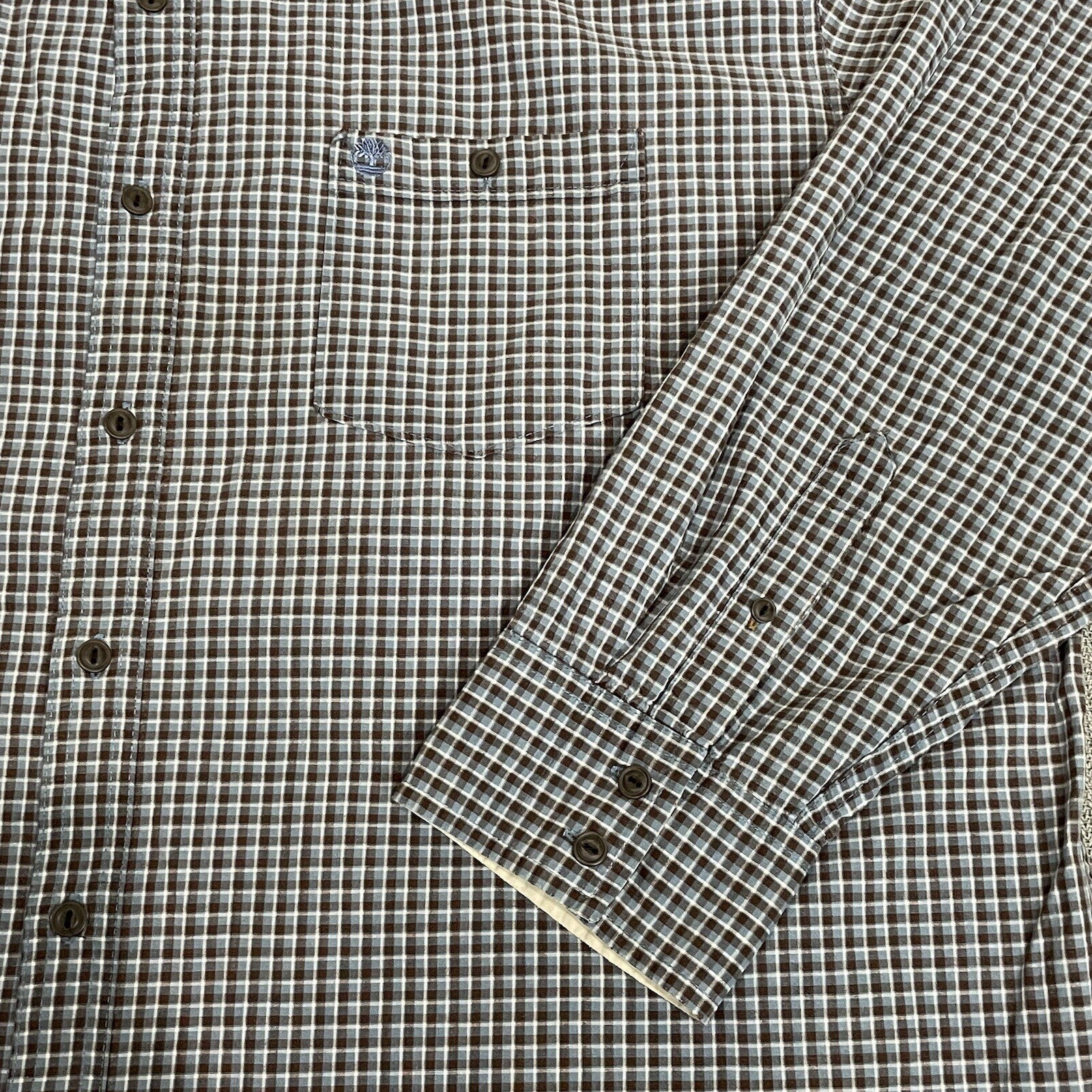 Timberland Men's XXL (2XL) Brown Blue Plaid Long Sleeve Button Up Dress Shirt