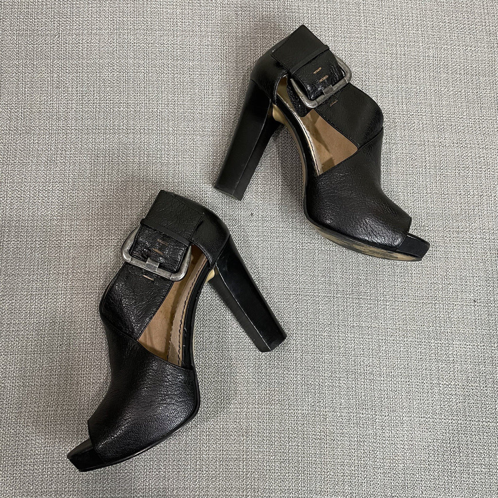 Nine West "NWMega" Women's (Size 6) Black Leather Tall Stack High Heels