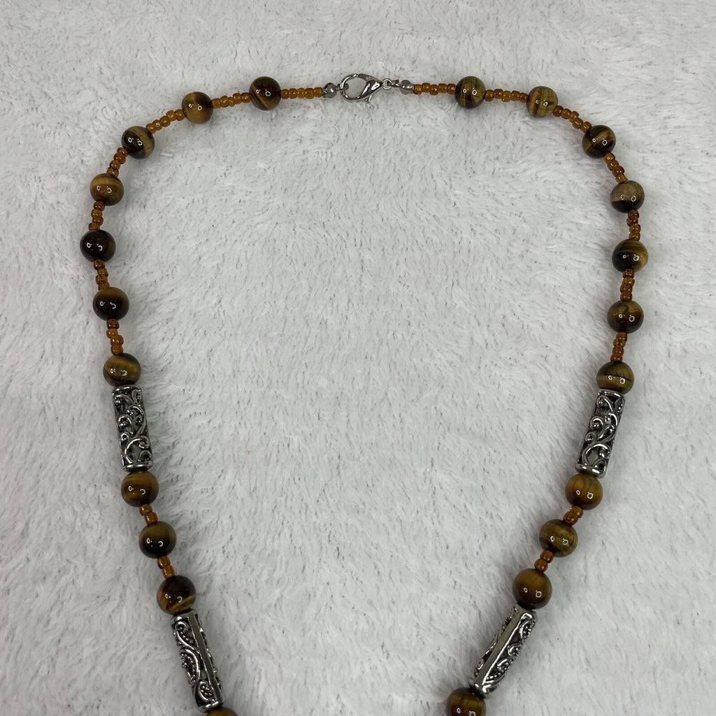 Women’s Fashion Jewelry Brown Beaded Gemstone Necklace w/Matching Earrings