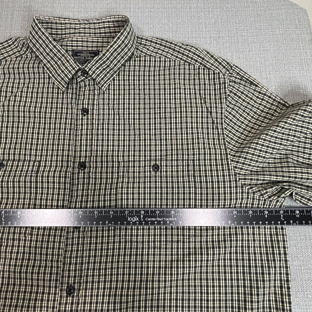 Nautica Jeans Co. Men's XXL (2XL) Black Tan Plaid Long Sleeve Button Up Shirt