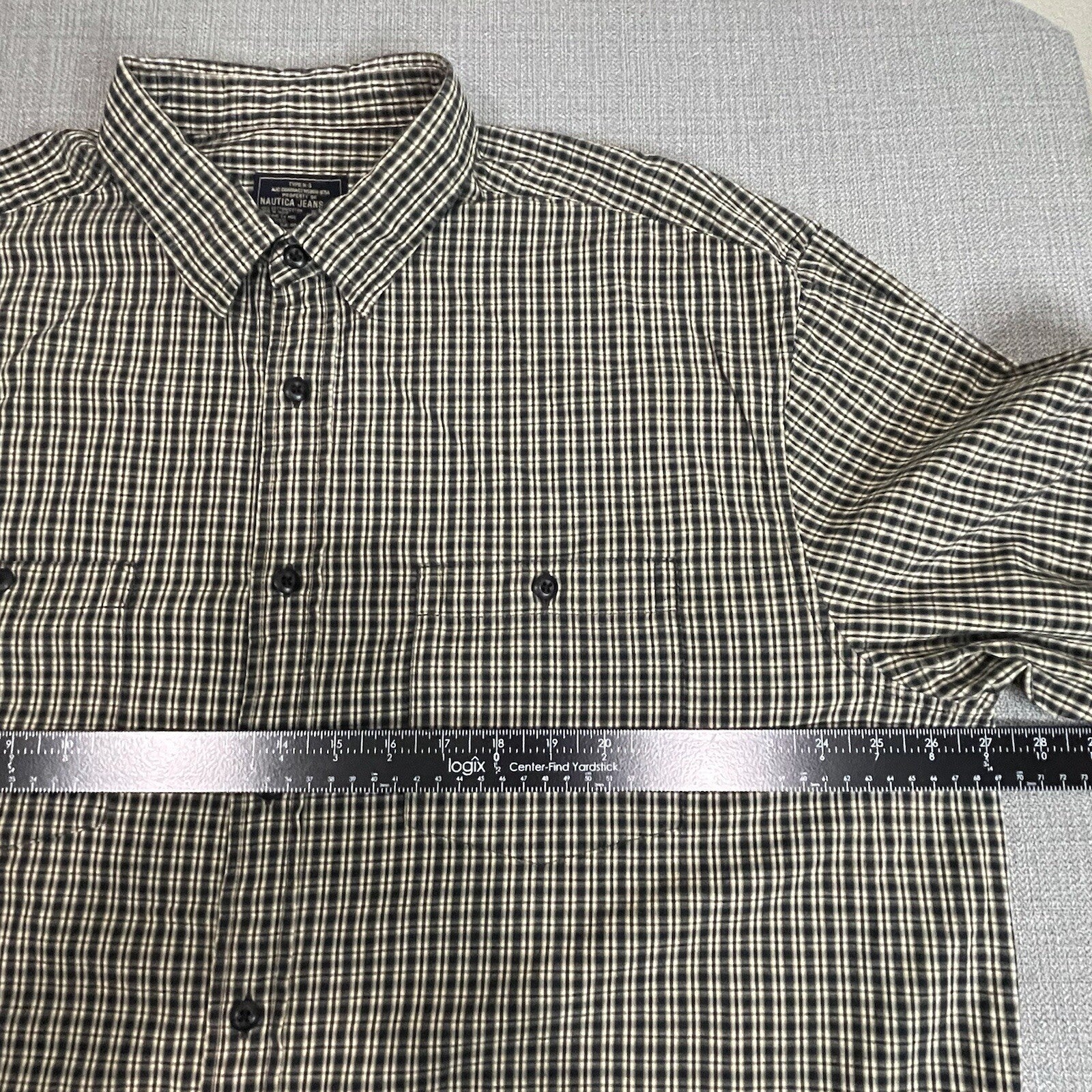 Nautica Jeans Co. Men's XXL (2XL) Black Tan Plaid Long Sleeve Button Up Shirt