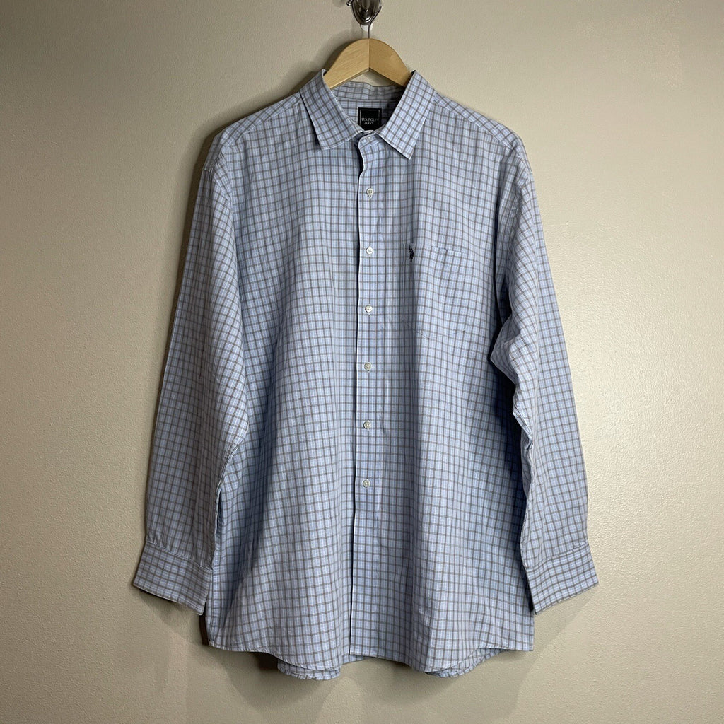 U.S. Polo Assn. Men's XL Light Blue Tan Plaid Long Sleeve Button Up Dress Shirt