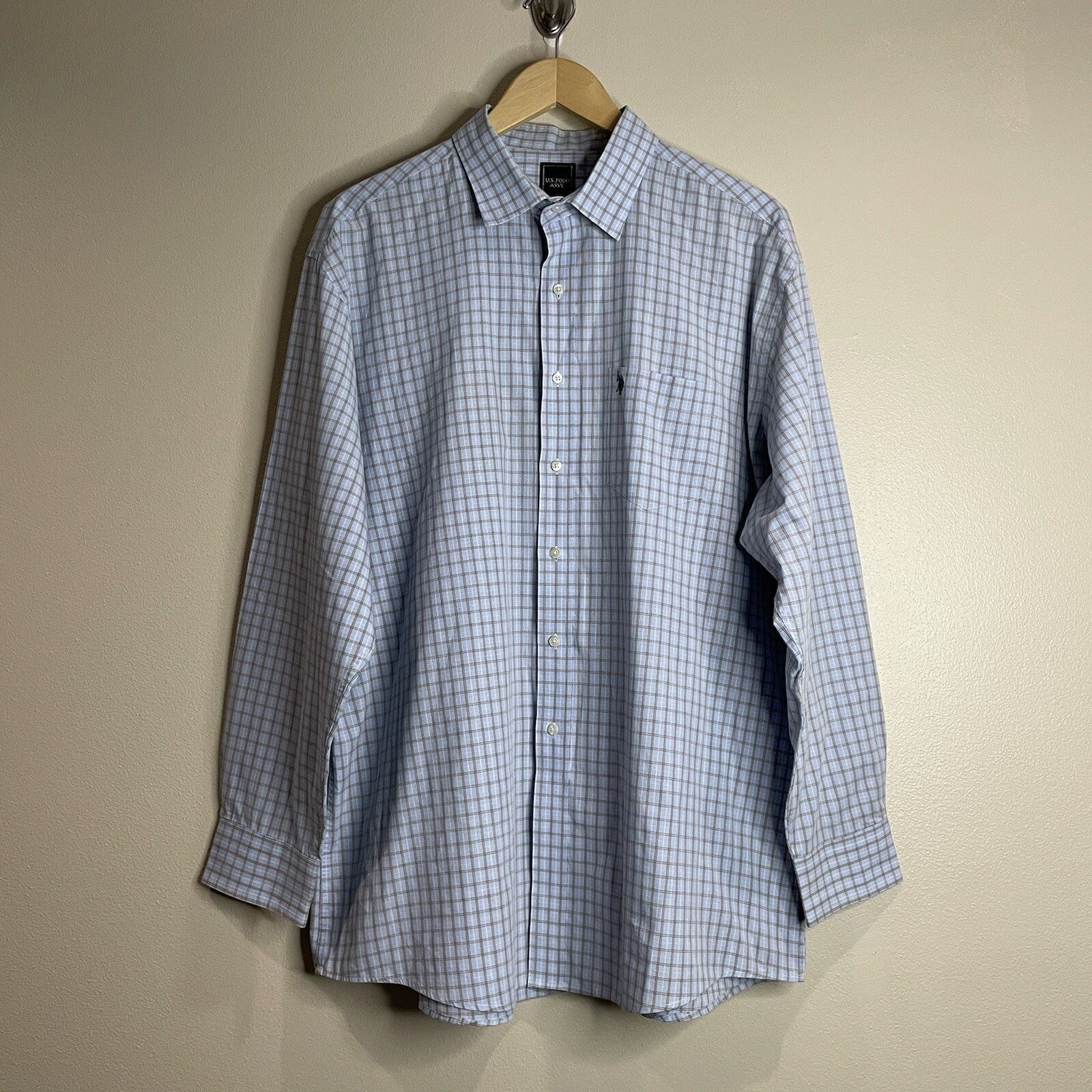 U.S. Polo Assn. Men's XL Light Blue Tan Plaid Long Sleeve Button Up Dress Shirt