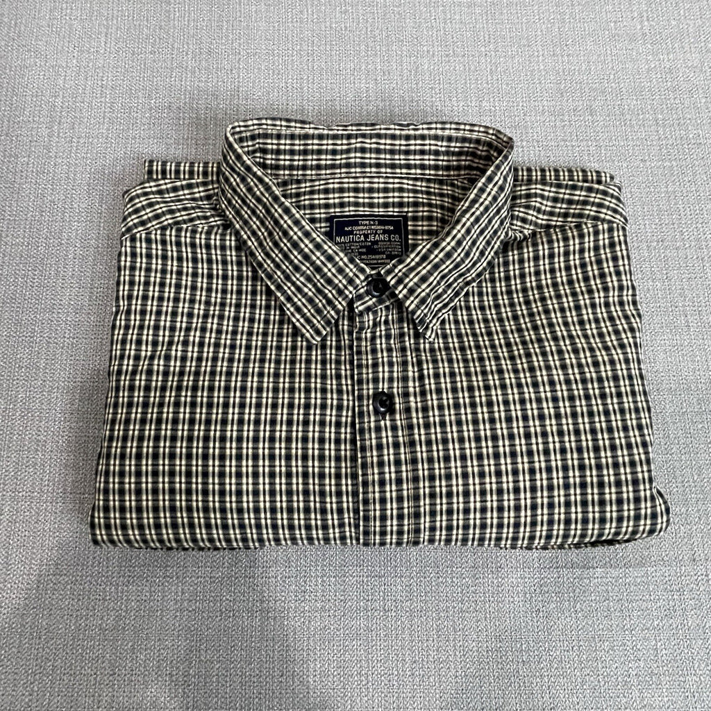 Nautica Jeans Co. Men's XXL (2XL) Black Tan Plaid Long Sleeve Button Up Shirt