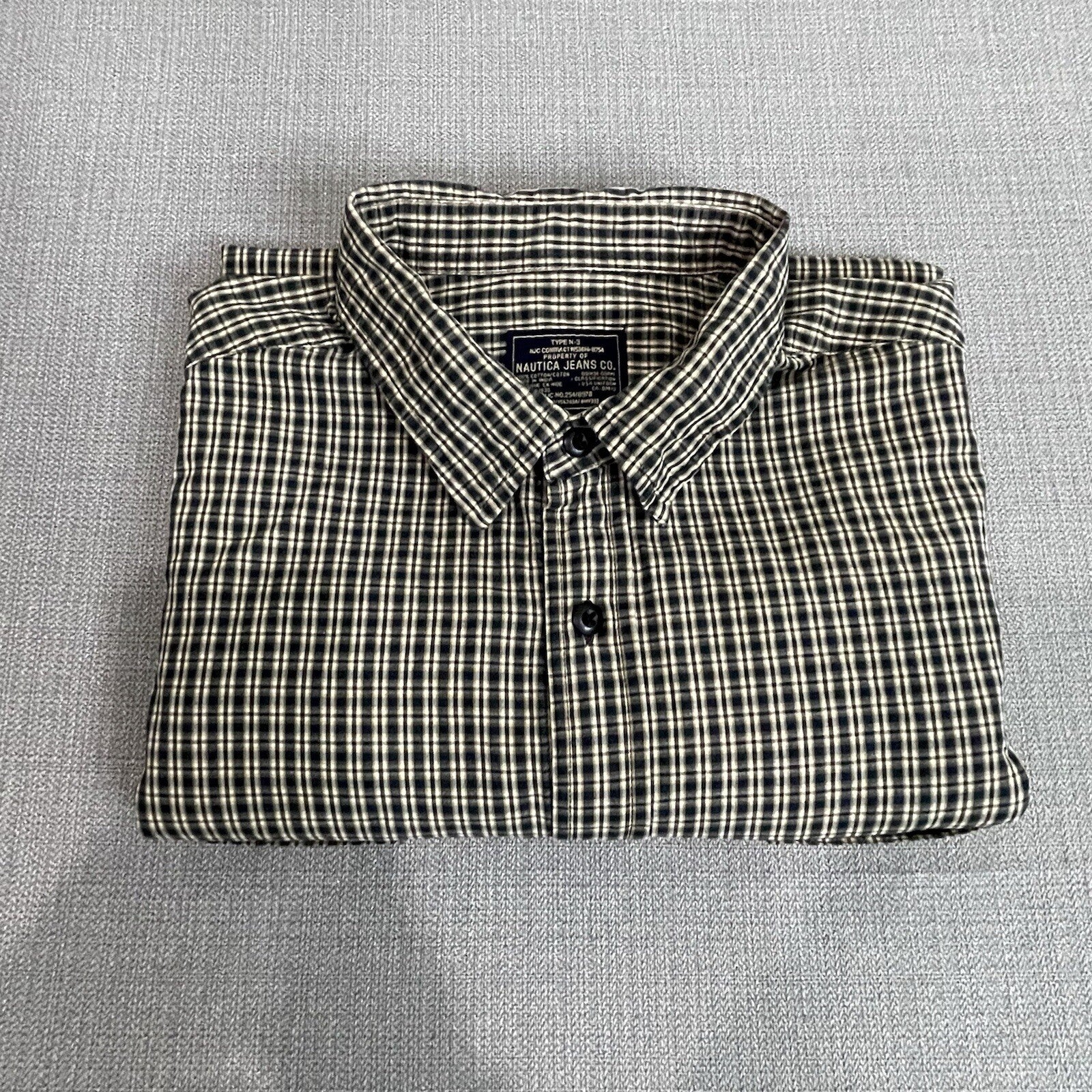 Nautica Jeans Co. Men's XXL (2XL) Black Tan Plaid Long Sleeve Button Up Shirt
