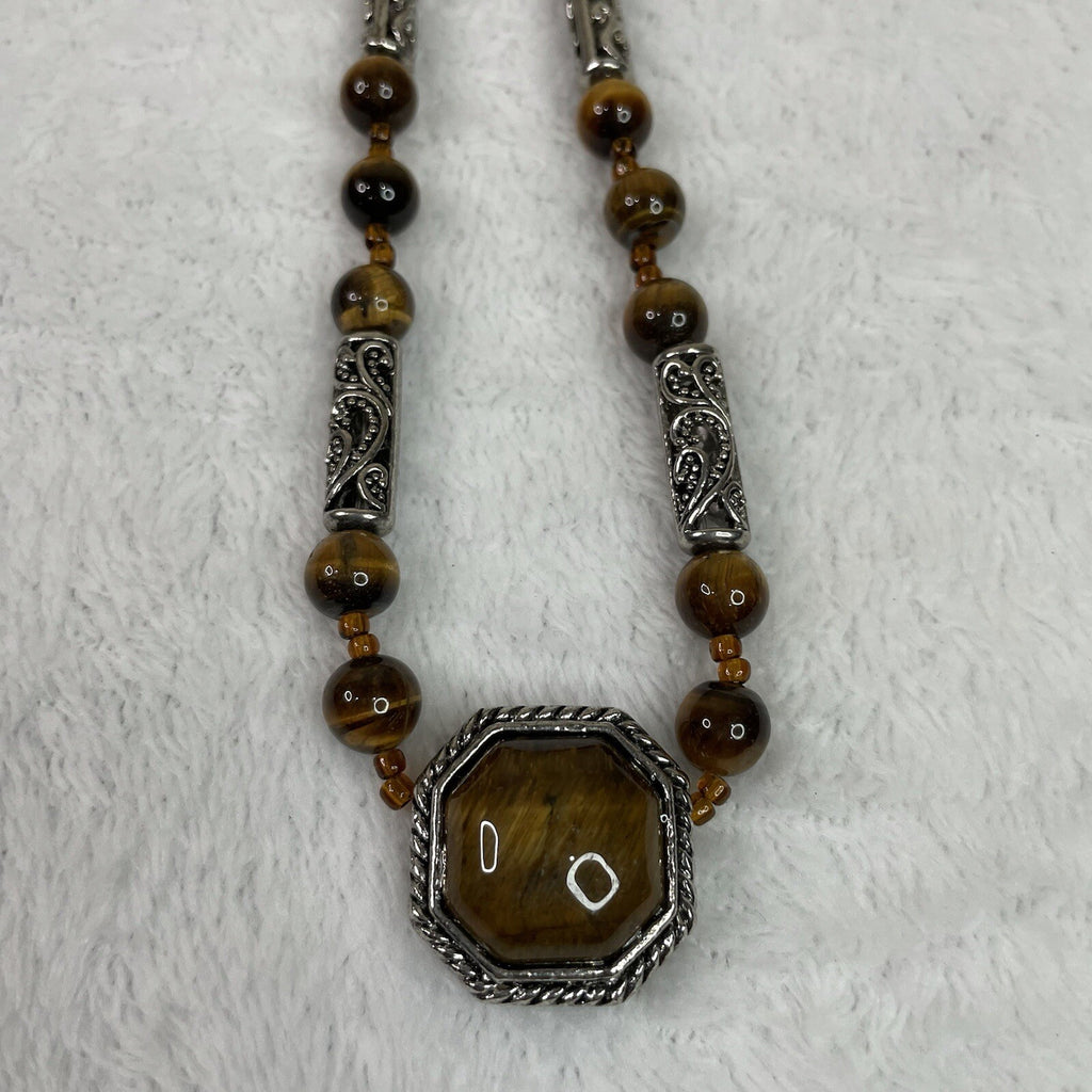 Women’s Fashion Jewelry Brown Beaded Gemstone Necklace w/Matching Earrings