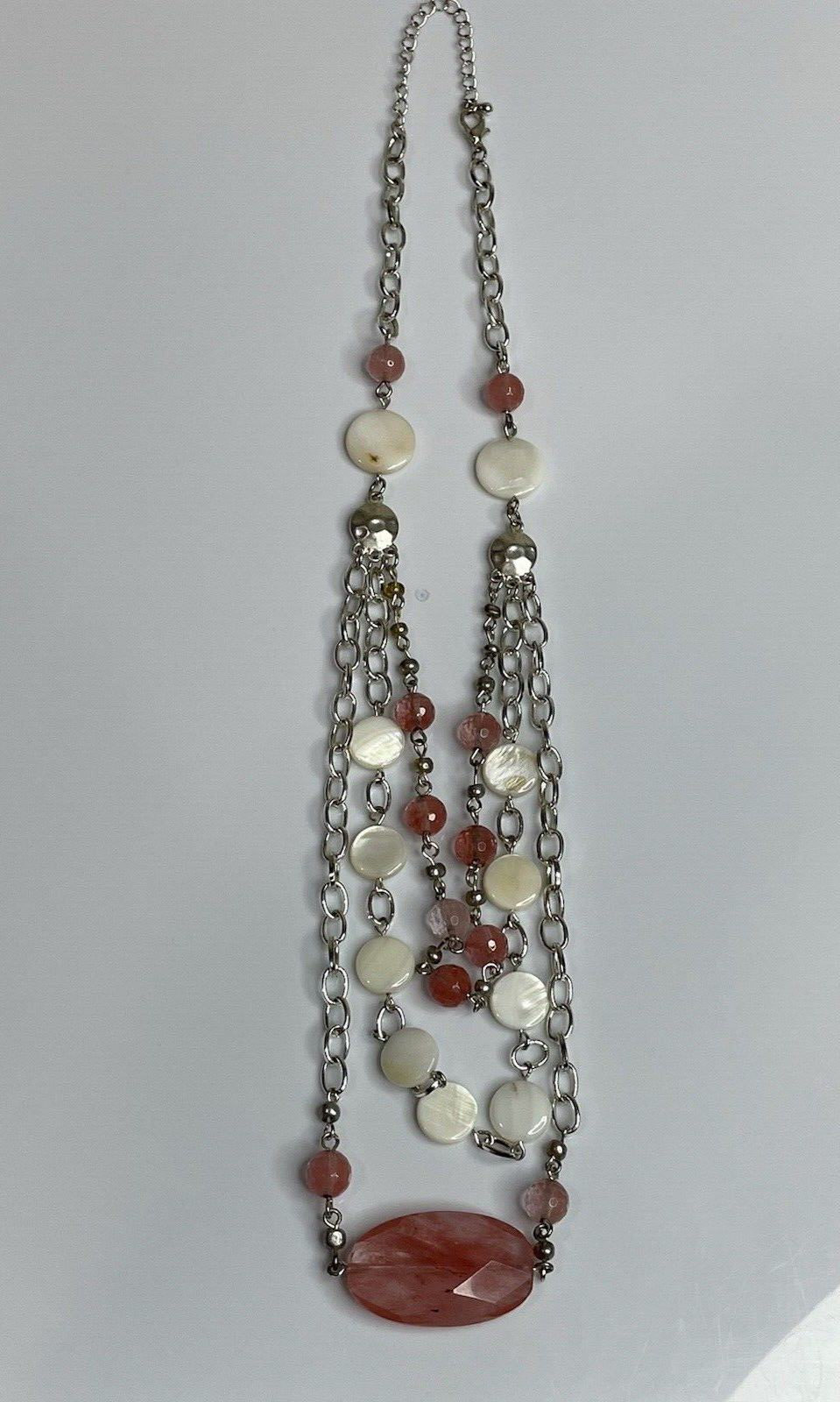 Women's Fashion Jewelry Pink White Beaded Necklace with Silver Chain