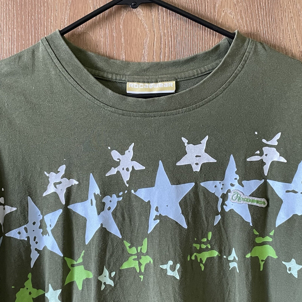 RocaWear Men Size XXXL (3XL) Green Short Sleeve Logo T-Shirt with Printed Stars