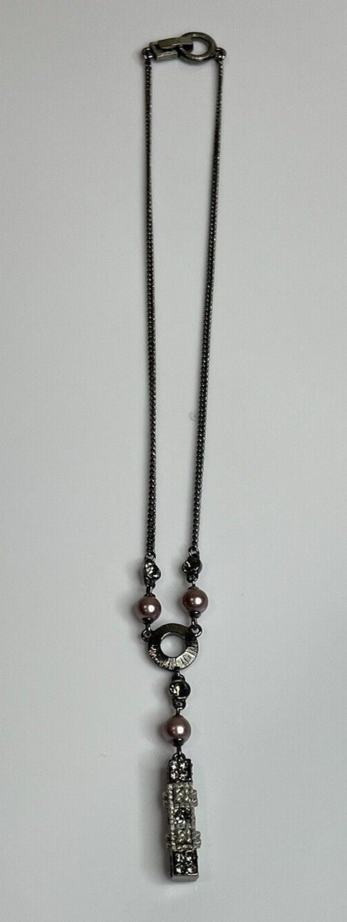 Women's Fashion Jewelry Silver Detailed Long Block Bar Necklace Onyx Color Chain