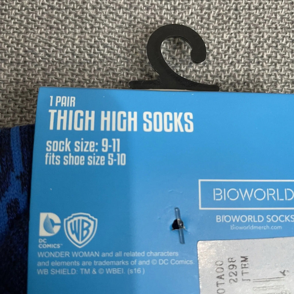 NWT Bioworld Wonder Woman Blue Logo Thigh High Novelty Socks Shoe Sizes 5-105