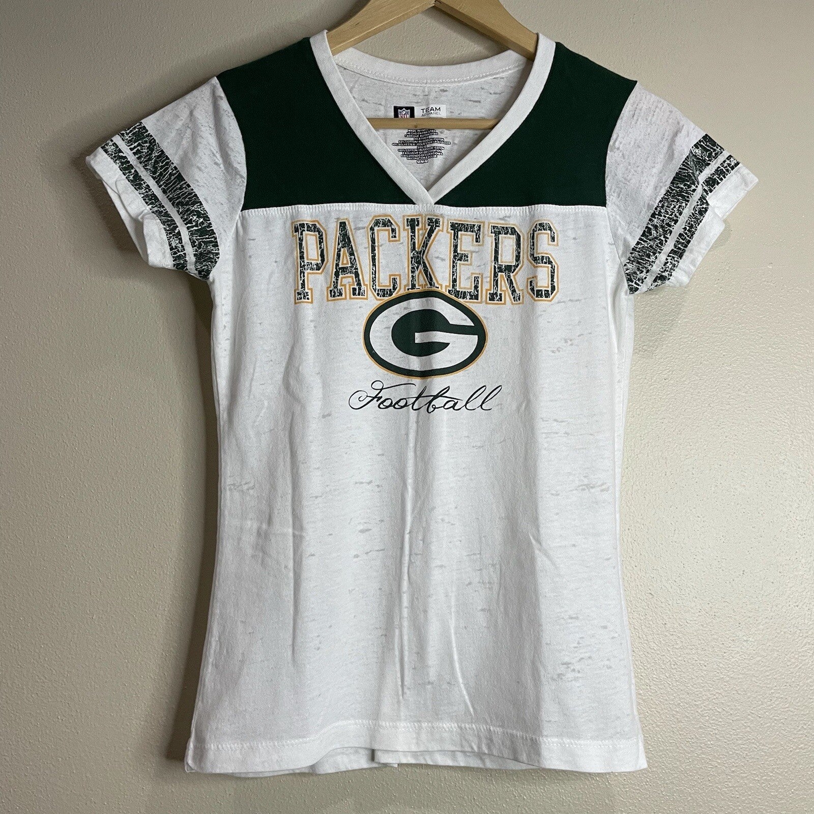 NFL Team Apparel Women's White Green Gold Packers Football Short Sleeve T-Shirt0