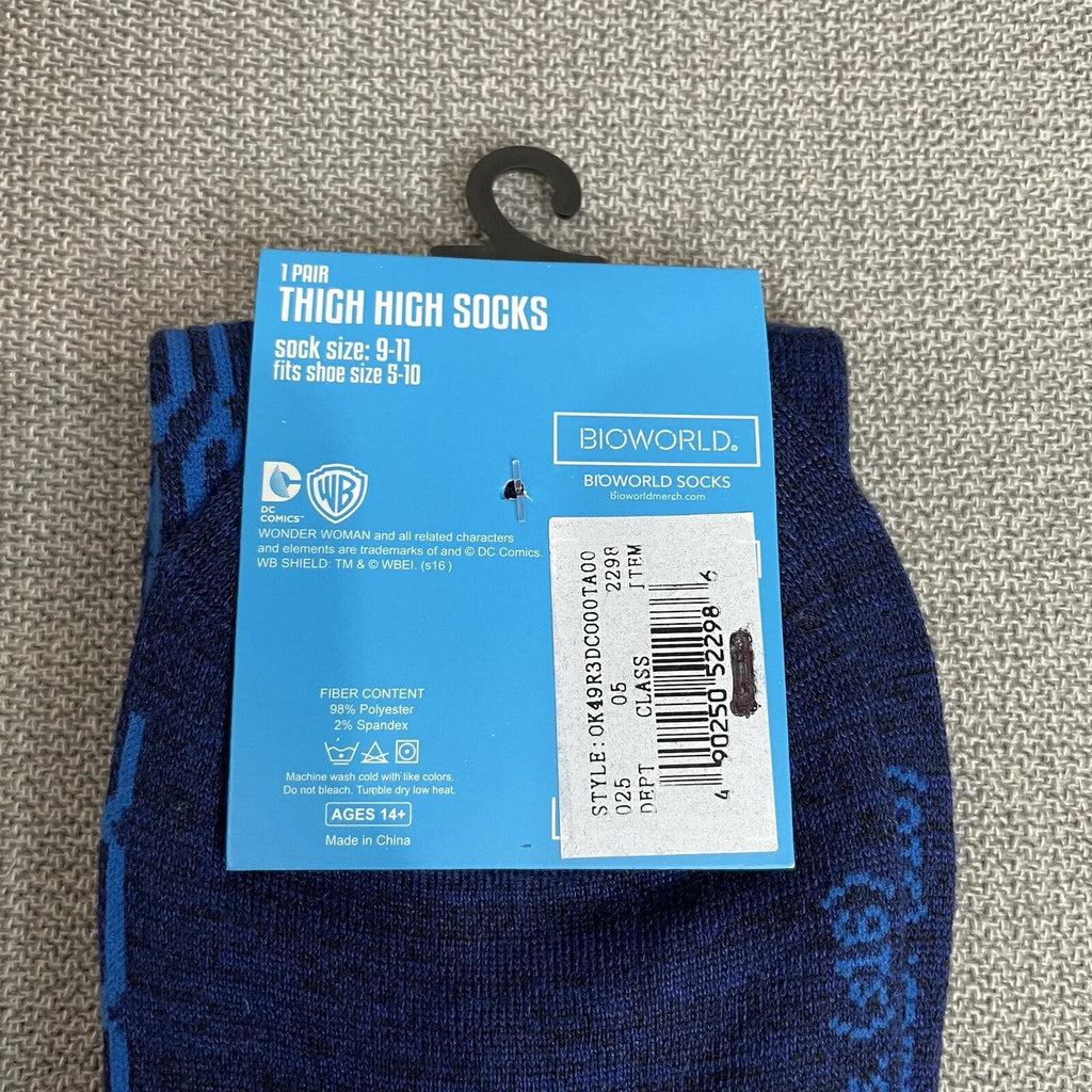 NWT Bioworld Wonder Woman Blue Logo Thigh High Novelty Socks Shoe Sizes 5-104