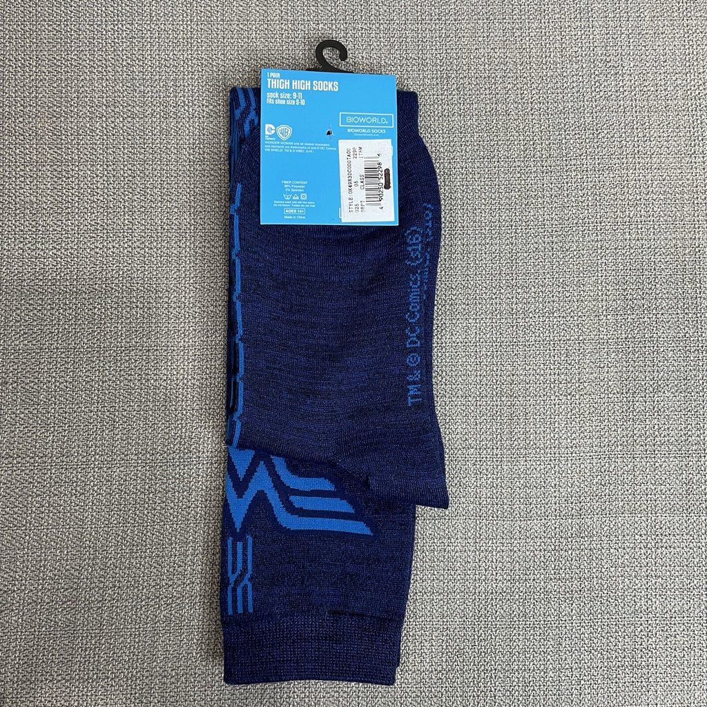 NWT Bioworld Wonder Woman Blue Logo Thigh High Novelty Socks Shoe Sizes 5-102